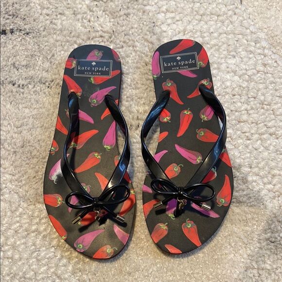 Kate Spade Black Flip Flops with Chili Pepper Design - Picture 1 of 6